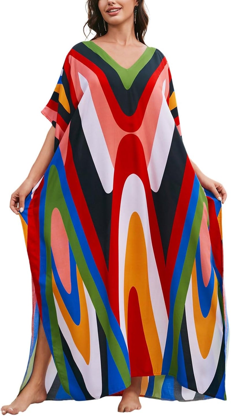 IMAGEKOPE Women's Plus Size Loose Fit Moroccan Print V-Neck Batwing Kaftan Beach Dress Bathing Suit Cover Up - Image 1